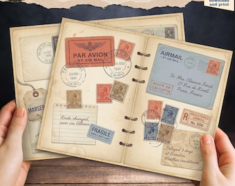 Postal Ephemera Printable Paper Pack, 12 Vintage Junk Journal Pages, Antique Mail Collage Sheets with Stamps & Postcards