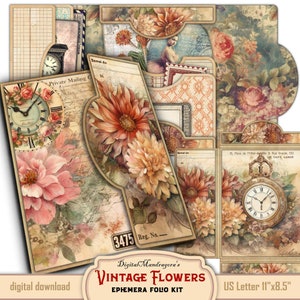 May include: Vintage Flowers Ephemera Folio Kit digital download. This kit includes a variety of vintage-inspired elements, including floral patterns, clocks, and handwritten text. The kit is designed for use with a US Letter size paper (11 inches by 8.5 inches).