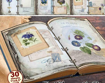 Zestaw do prowadzenia dziennika „Sky Blue Floral Junk”: Vintage Ephemera, kolaż do druku (pobranie cyfrowe)