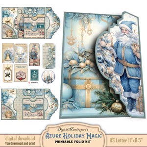 Vintage Christmas Folio Kit - Azure Holiday Magic- Digital Download Ephemera Holder - Easy  Craft Project - Festive Paper Crafting