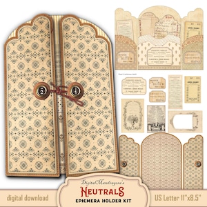 Pode incluir: Um kit de suporte de efemérides digital com uma estética vintage. O kit inclui uma pasta com duas abas, um calendário, uma fatura, um registo e um bilhete. A pasta é decorada com um padrão bege e castanho e tem dois botões de latão. O kit é concebido para papel de tamanho US Letter, que mede 28 cm por 21,5 cm.