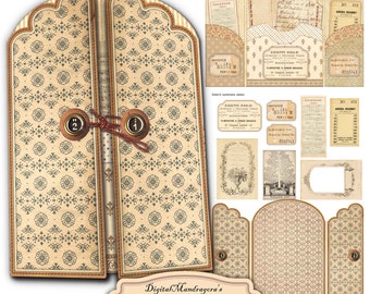 Neutral Color Ephemera Holder Tri-Fold Folio Kit, Versatile Junk Journal Papers, Vintage Pattern Design,  Cream Scrapbook Embellishments