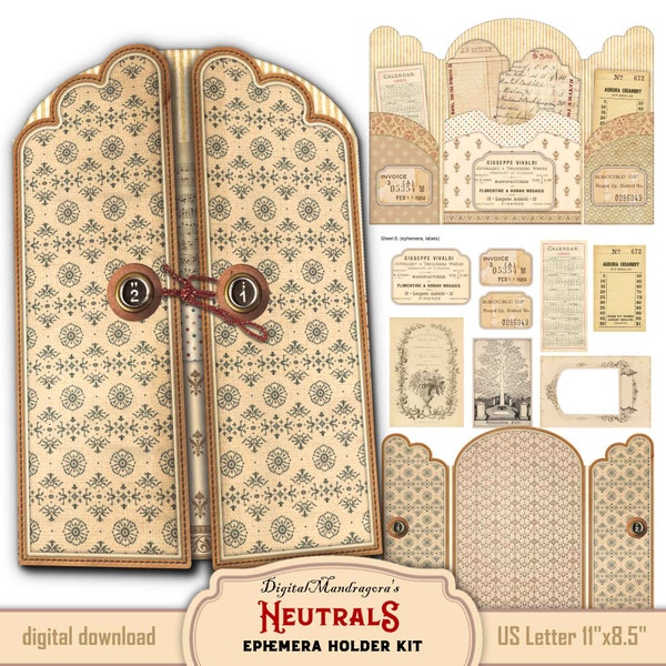 Neutral Color Ephemera Holder Tri-Fold Folio Kit, Versatile Junk Journal Papers, Vintage Pattern Design,  Cream Scrapbook Embellishments