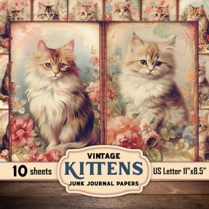 Vintage Kittens and Cats Shabby Cottage core Foldable Junk Journal Papers - Printable Collage Prints - instant download