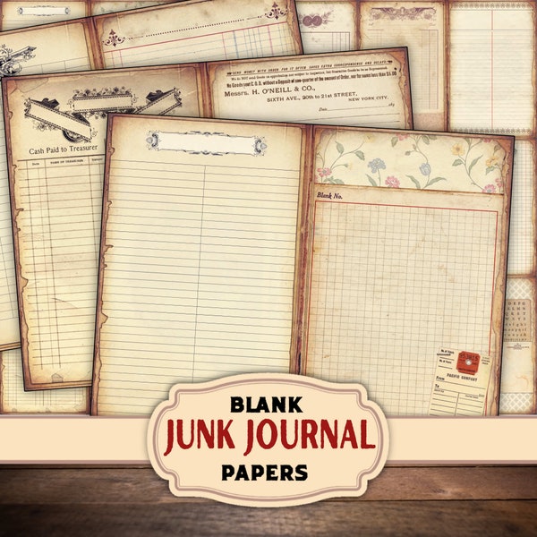 Shabby Junk Journal Double Pages - Blank Notebook - Invoice - Writing Paper - Digital Ephemera -  Grunge Printable Pack  - Old Stained Paper