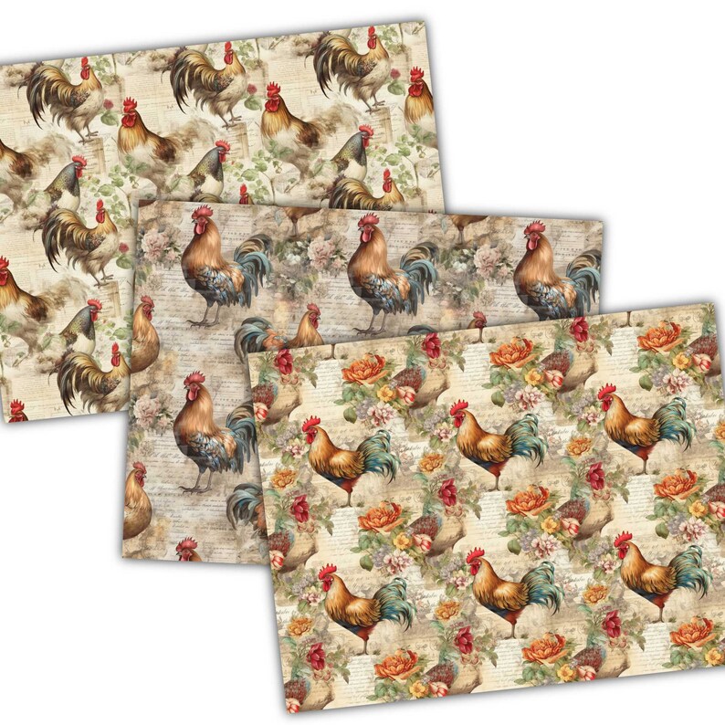 Farmhouse Vibes Printable Journaling Kit - Vintage Roosters & Shabby Cottage Core - Digital Junk Journal Supplies