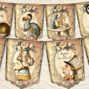 Alice in Wonderland, Alice banners, Wonderland bunting, Tea party banners, Tea party decor, Party supplies,  Vintage party, digital download