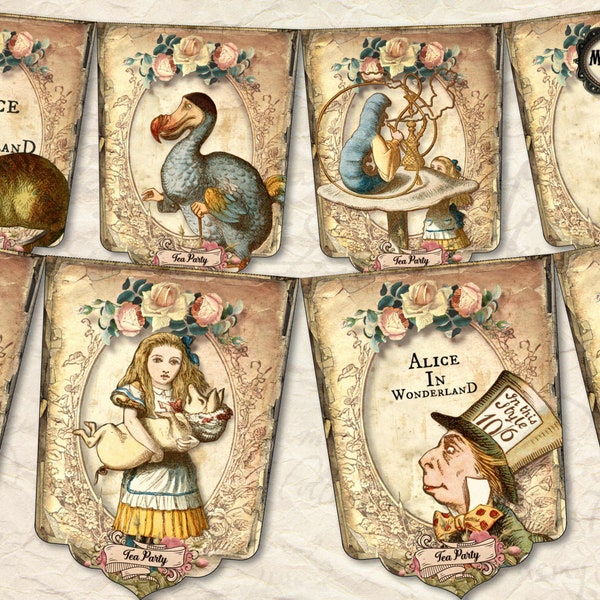 Alice in Wonderland, Alice banners, Wonderland bunting, Tea party banners, Tea party decor, Party supplies,  Vintage party, digital download