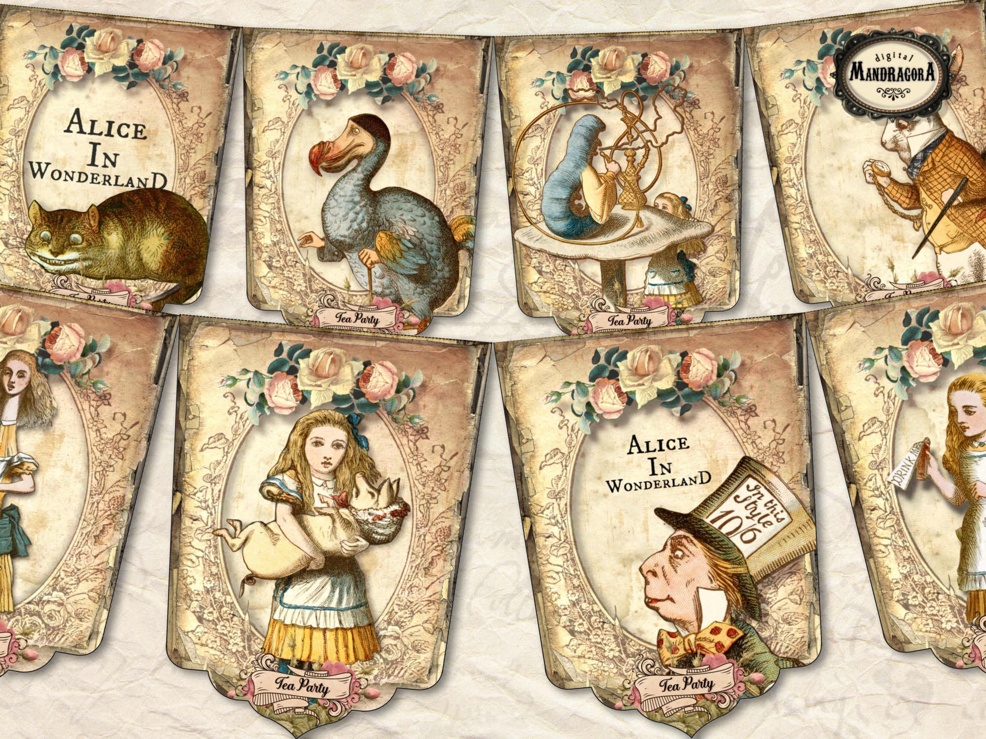 Alice in Wonderland Banners: Vintage Tea Party Decor (Digital Download)