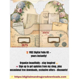 May include: A digital folio kit with a vintage aesthetic. The kit features floral designs, handwritten text, and decorative labels. The text on the labels includes "Magasins", "3675", "Round Up, District No. 253741", and "A L'Abeille".