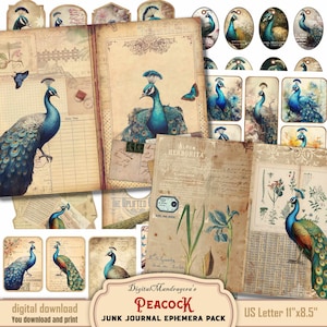 Vintage Peacock Junk Journal Add-On Pack: Envelopes, Pockets, Tags. Labels, Bookmarks & More - Digital Download