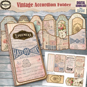 May include: A digital download of a vintage accordion folder featuring various ephemera designs. The folder displays text including "EPHEMERA" and "HAYS DYE WORKS EDINBURGH" in a decorative font. The set includes multiple paper tags and labels with floral patterns, script handwriting, and antique advertisements in muted pink, blue, and beige tones.