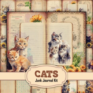 Printable Watercolor Cats  Floral Junk Journal Kit - Digi Collage and Craft Supplies, Ephemera Cards, Journal Tags, Labels, Embellishments