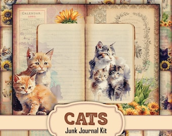 Watercolor Cats Junk Journal Kit: Floral Ephemera (Digital Download)