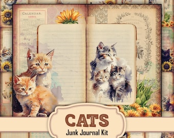 Printable Watercolor Cats  Floral Junk Journal Kit - Digi Collage and Craft Supplies, Ephemera Cards, Journal Tags, Labels, Embellishments