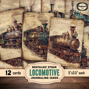 May include: Twelve vintage-style journaling cards featuring illustrations of steam locomotives. The cards are 5 inches by 3.5 inches each and have a nostalgic feel.
