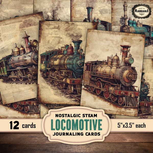 Digital Download: Nostalgic Steam Locomotive, Trains - Victorian Steampunk Dieselpunk Ephemera Cards