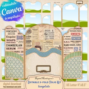 Redigerbart 3-vikbart folio-kit, Canva-mall, vintage skräpjournalfickor och fotoramar, utskrivbart papperspyssel