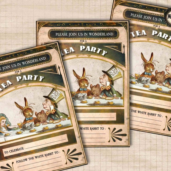 Alice in Wonderland tea party invitation cards, Mad Hatter Tea Party, Wonderland invite, digital download