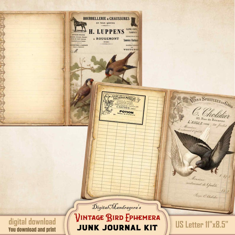 Vintage Bird Ephemera Junk Journal Kit – Printable French Invoice ...