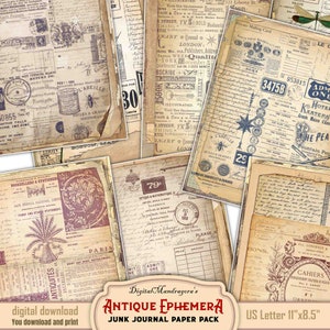 Grunge ephemera junk journal  paper pack, Old yellow layered scrapbooking collage print set, Antique manuscript & adverts collection bundle