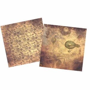 May include: Two vintage-style paper sheets with a steampunk theme. One sheet features a repeating pattern of gears and cogs in brown and black. The other sheet has a faded background with a clock, hot air balloons, and a bridge in brown, green, and white.