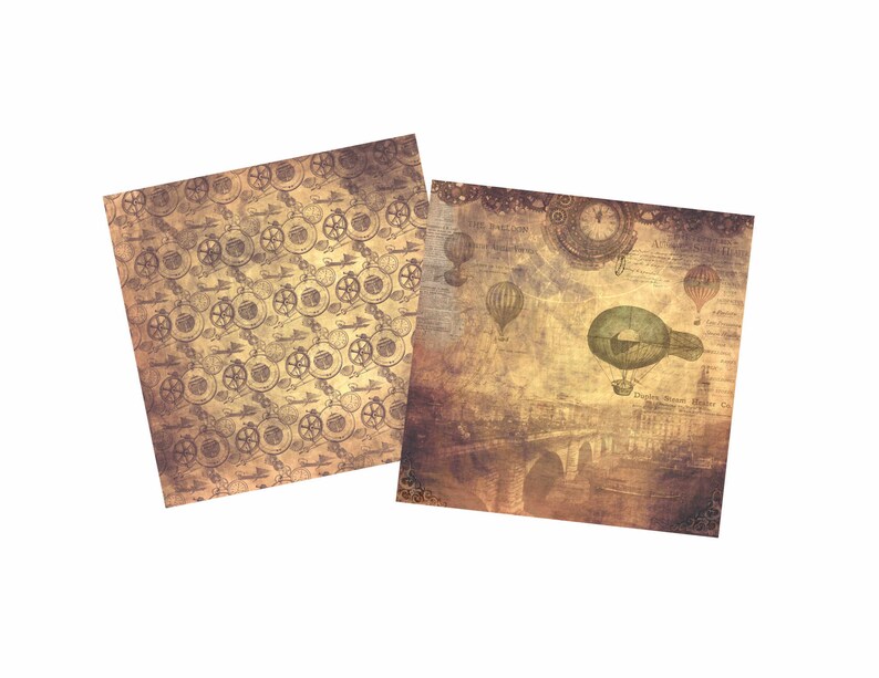 May include: Two vintage-style paper sheets with a steampunk theme. One sheet features a repeating pattern of gears and cogs in brown and black. The other sheet has a faded background with a clock, hot air balloons, and a bridge in brown, green, and white.