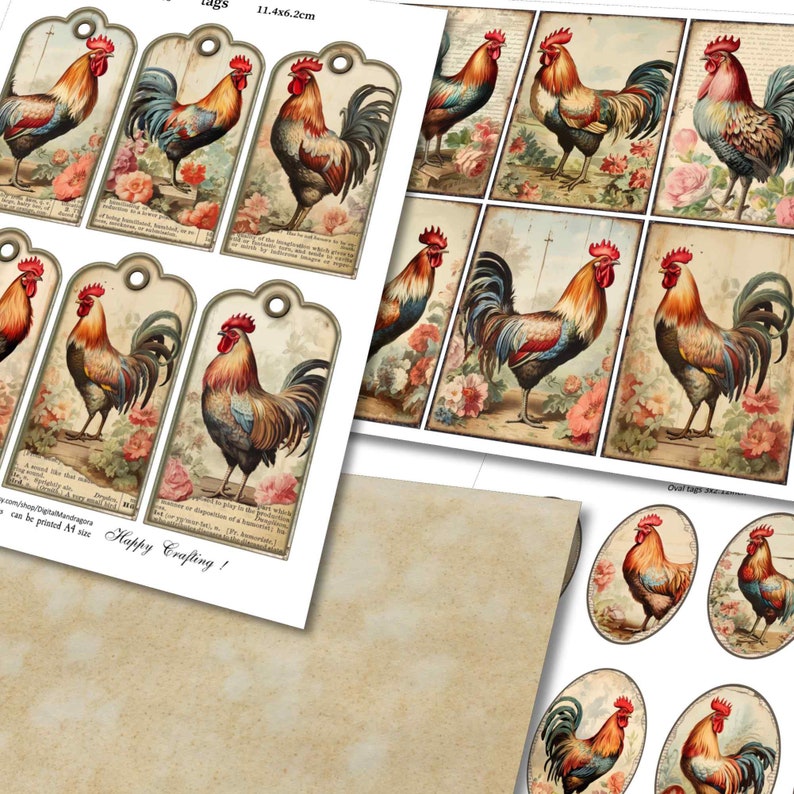 Vintage Roosters and shabby flowers ephemera collage cards and hanging tags for junk journaling