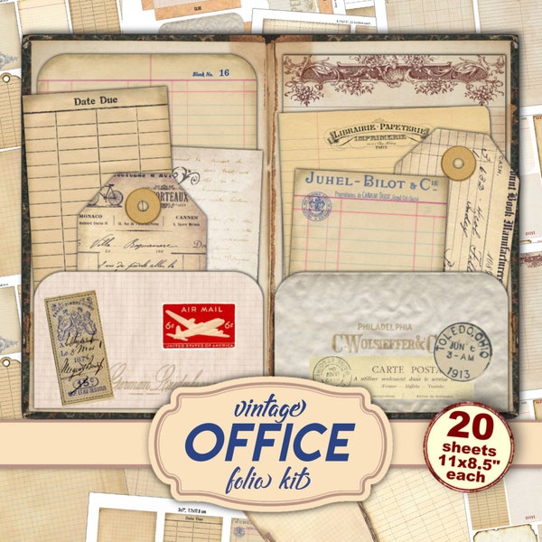 Vintage Office stationery ephemera digital paper pack for your junk journaling and scrapbooking, folio kit, digital download
