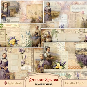 Antique Herbal Junk Journal Printable Pages, Herbs decoupage collage sheets, Floral Junk Journaling, Decoupage papers, Instant Download