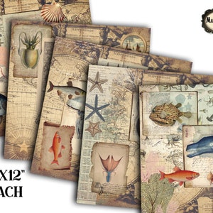 12x12 inches vintage nautical maritime decorative scrapbooking ephemera collage papers, nautical decoupage, digital download