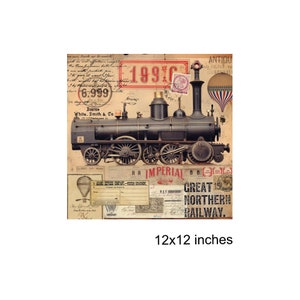 May include: Vintage style digital paper featuring a black steam locomotive train with red and white accents. The paper includes text such as "Great Northern Railway", "Imperial", and "Adams Express Company". The paper is 12x12 inches.