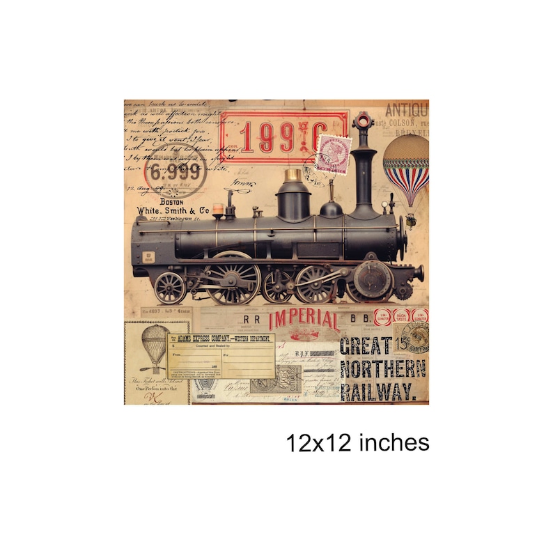 May include: Vintage style digital paper featuring a black steam locomotive train with red and white accents. The paper includes text such as "Great Northern Railway", "Imperial", and "Adams Express Company". The paper is 12x12 inches.