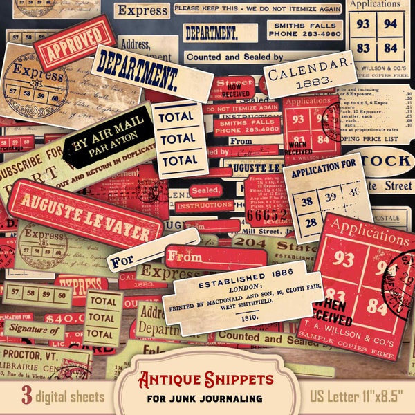 Vintage digital ephemera labels fussy cuts clip art snippets collection in various colors, junk journal and scrapbooking projects add-ons