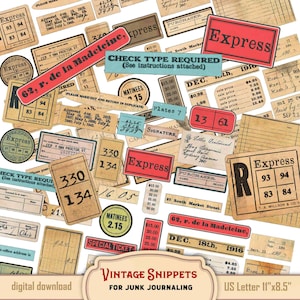 Vintage snippets, scrapbooking tags and labels, fussy cuts, junk journal embellishments, card making, in sepia and color, digital download