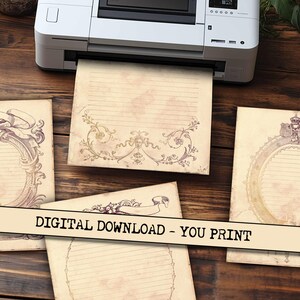 May include: Four printable vintage style journal pages with ornate borders and lined paper. The text "DIGITAL DOWNLOAD - YOU PRINT" is at the bottom of the image.