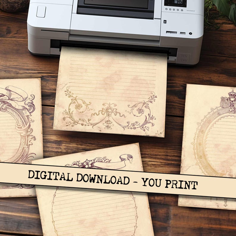 May include: Four printable vintage style journal pages with ornate borders and lined paper. The text "DIGITAL DOWNLOAD - YOU PRINT" is at the bottom of the image.