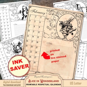 Alice in Wonderland perpetual Birthday calendar for children, ink saver BW,  special dates reminder 12 months Calendar, digital download