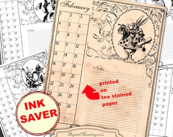 Alice in Wonderland Perpetual Calendar: Ink Saver Birthday Reminder (Digital Download)