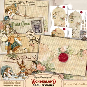 May include: A selection of digital envelopes and postcards with a vintage aesthetic, showcasing illustrations from Alice in Wonderland. The designs feature Alice, the Mad Hatter, and the Cheshire Cat, with floral details and a red wax seal.