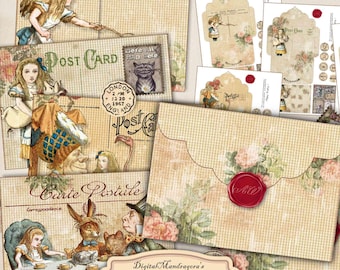 Alice in Wonderland printable envelopes & cards - Junk journal Wonderland mini envelope set