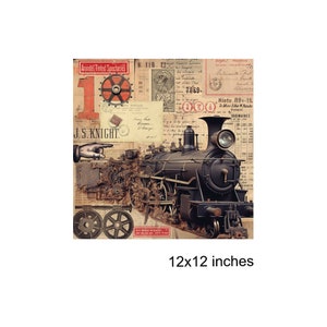 May include: A vintage-style collage featuring a black steam locomotive with a red and white number "1" and the text "J.S. KNIGHT." The background includes old letters, stamps, and other ephemera. The image is 12x12 inches.