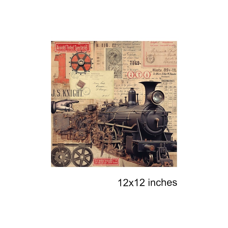 May include: A vintage-style collage featuring a black steam locomotive with a red and white number "1" and the text "J.S. KNIGHT." The background includes old letters, stamps, and other ephemera. The image is 12x12 inches.
