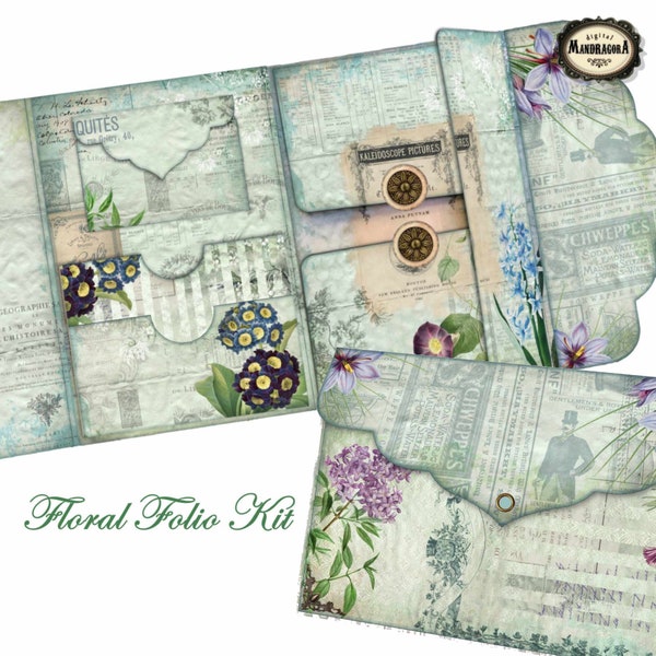 Green Floral folio kit, Junk Journal kit, Loaded folder, Junk folio kit, Ephemera folio, Pocket folder, Folio print, Digital download