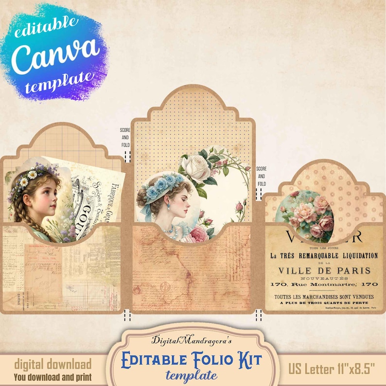 Junk journal folio kit Drag and drop CANVA template