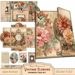 Vintage Flowers Ephemera Tri-fold  Loaded Folder Folio Kit, Easy DIY Junk Journal Digital Printable with Journal Pockets, Cards Journal Tags