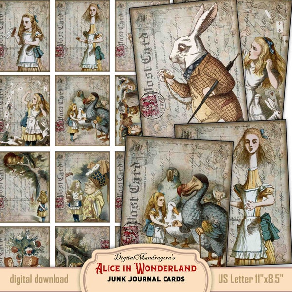 Alice in Wonderland cards, Wonderland postcards, digital instant download, Alice ATC cards, Alice scrapbooking, Alice cardmaking