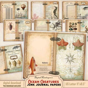 Ocean Creatures Junk Journal Pages, Vintage Sea Life Printable Paper, Digital Download Ephemera Kit, Scrapbooking Collage Sheets