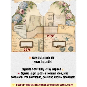 May include: A vintage-style digital folio kit with floral and botanical illustrations. The kit includes various aged papers, tags, and envelopes, with text such as "Magasin", "Extra Correspondence", and "Round Up District No. 253741". The design is in soft, muted tones.