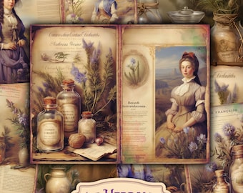 Vintage Lavender Junk Journal Kit - Herbalist Digital Prints Antique Herbs Ephemera Collage Foldable Pages for Journaling